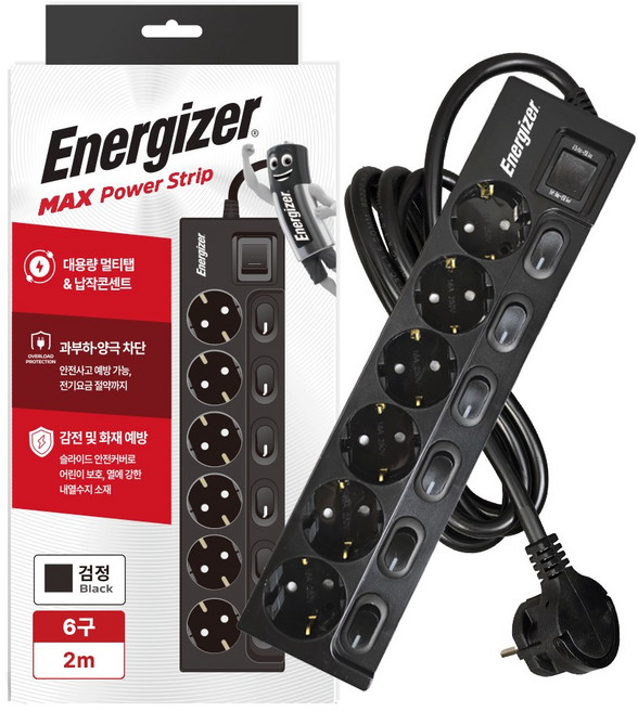에너자이저 개별스위치 멀티탭 6구 납작플러그 과부하차단 16A, 1개, 블랙(개별스위치 6구), 2m