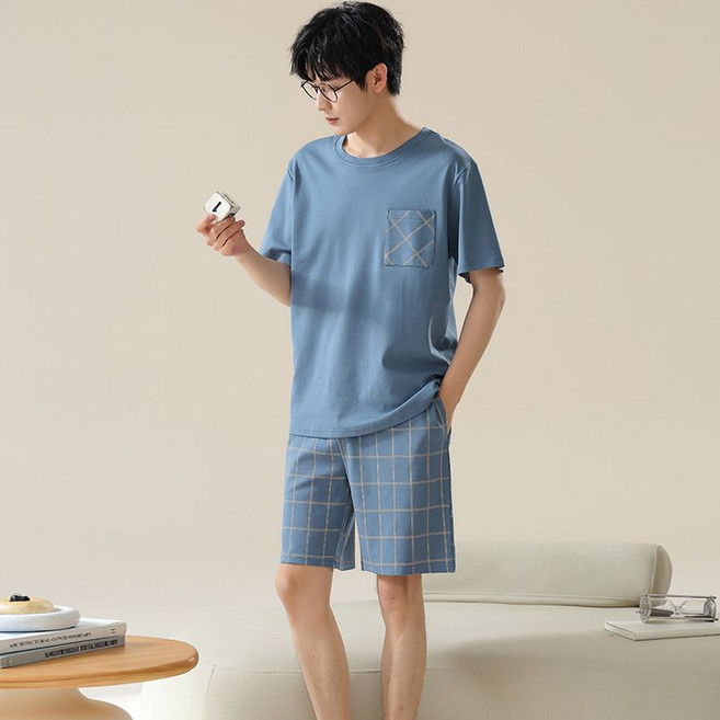 BIKASU 남성 체크 반팔 반바지 여름 잠옷 세트 순면 통기성 홈웨어 파자마