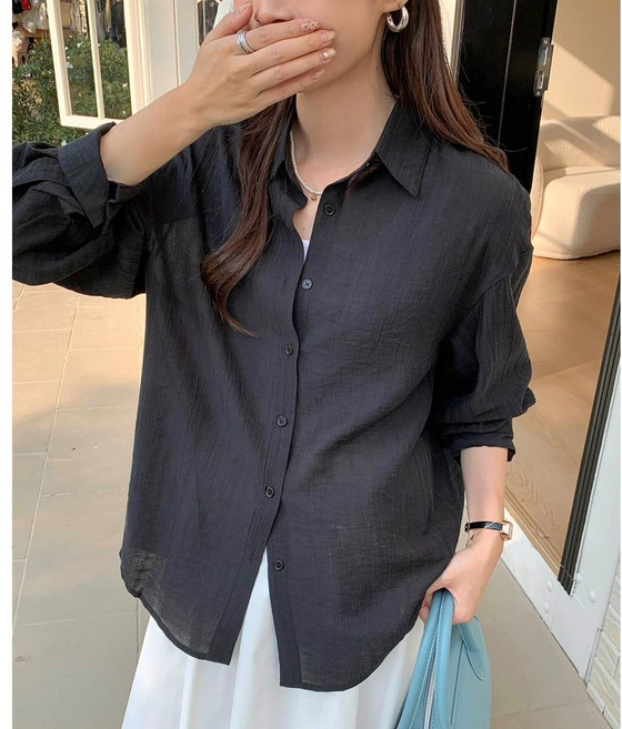 허블리 여성 루즈핏 쿨링 시스루 롤업 자외선차단 셔츠 블라우스