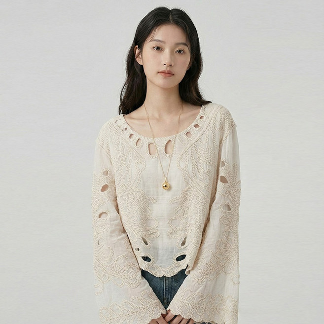 실루 여성 봄여름 긴팔 블라우스 레이스 자수 디자인 루즈핏 베이직 데일리 셔츠 부드러운 소재