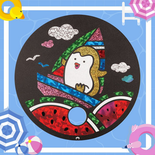 여름 부채 만들기 75종 / DIY 과일 수박 사과 교육용 민화 조개 꽃모양 그리기 안전교육, 1세트, 수박파도 포일아트부채