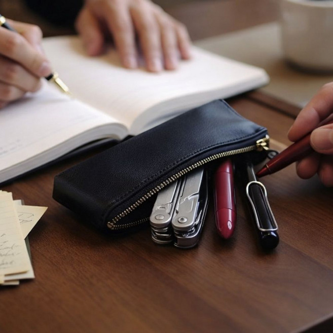 보픈 가죽필통 대학생필통 펜케이스 소가죽, 다크브라운, 1개