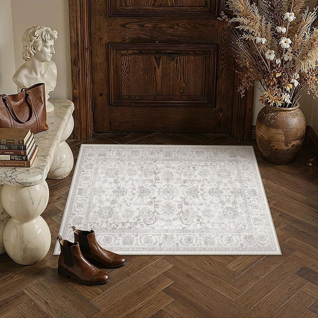 PureCozy 2x3 Gray Entryway Area Rug Vintage Washable Non Slip Indoor Door Mat Kitchen Office Distr