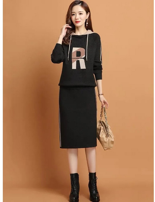 녕동 여성 맨투맨 세트 레터링 후드티+니트 스커트 봄가을 투피스 세트