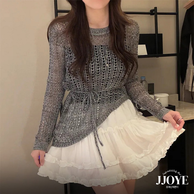 쪼예 시스루 펀칭 허리리본 니트 언발 긴팔 티셔츠