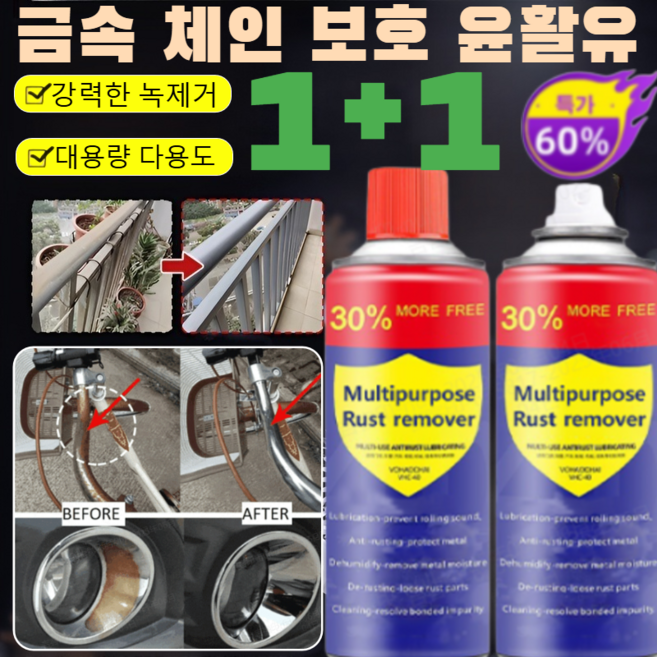 1+1 [녹제거+윤활+보호] 녹 제거 및 내마모 금속 윤활제 냄새없는 뿌리는 그리스 스프레이 초강력 녹 제거제 안전한 녹제거 모든 소재의 녹제거제/광택 리뉴얼/소재 손상 없음, [1개]450ml