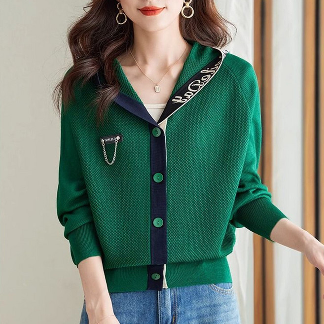 TKX 여성용 봄가을 니트 가디건 모던 디자인 V넥 긴팔 루즈핏 후드 스웨터 통기성 소재 오버사이즈 K79