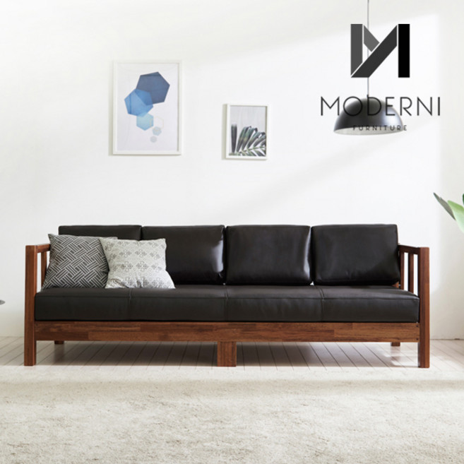 모더니가구 모카 천연면피 소가죽 패브릭 평상형 원목 소파베드, 2인용 소가죽 내피 다크브라운(등쿠션 포함)