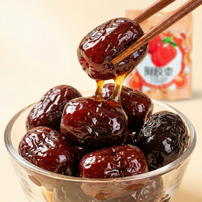 중국식품 어지아오자오 대추당절임 아교대추 달콤한 영양 간식 꿀대추 통대추정과, 1개, 220g