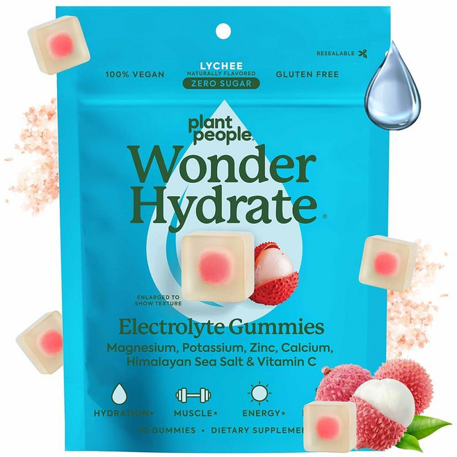 Plant People WonderHydrate 전해질 젤리 - 마그네슘 칼륨 아연 비타민 C 및 히말라야 바다 소금이 함유된 비건 하이드레이션 보충제 - 무설탕 리치 (, 1, 42