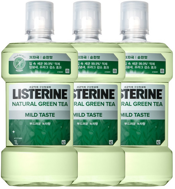 리스테린 내추럴 그린티 마일드 구강청결제, 1L, 3개