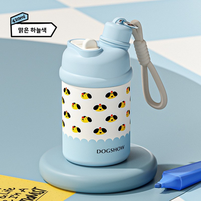 316 스테인리스 스틸 이중 음료 보온컵 귀여운 소녀 물컵 고급스러운 휴대용 빨대컵, 420ml, 블루