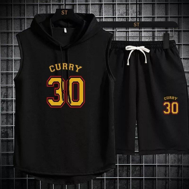 Ashysnow 농구 조깅복 세트 남자 여름 루즈핏 후드 얇은 민소매 티 트레이닝 반바지 투피스