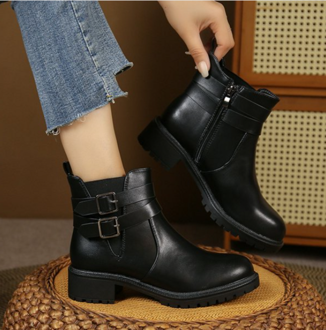 플라이슈 투벨트 스판 키높이 여성 통굽힐 4cm 앵클부츠 MR-10