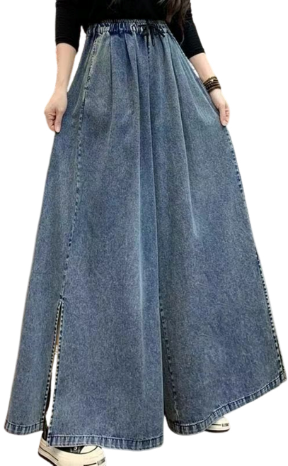 여성용 빅사이즈 하이웨스트 트임 와이드 데님 치마바지 밴딩 청바지 뉴타임즈