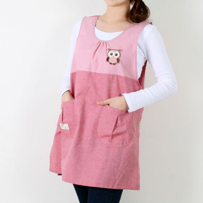 투톤부엉이 앞치마 단추형 원피스 어린이집 교사용, 1개, 일반/핑크