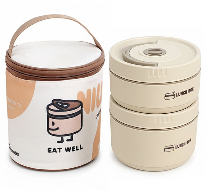 투데이리빙 3종 세트 2단 원형 스텐 보온 도시락통 직장인 도시락 용기 예쁜 샐러드통 피크닉 소풍 런치박스 전자렌지 전자레인지 가능, 1세트, 아이보리