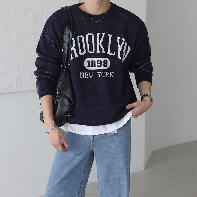 브루클린 레터링 오버핏 남여공용 라운드 긴팔 니트(4color)