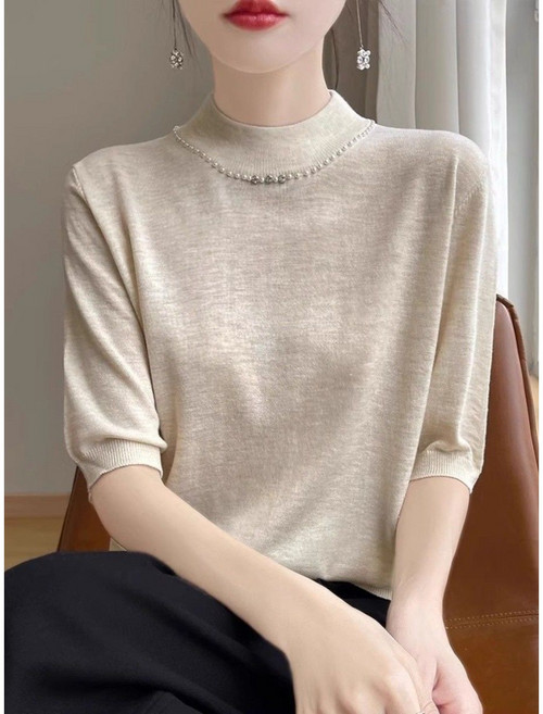 여성 반폴라 니트 반팔티 봄 데일리 여자 패션 반목 반팔티 얇은 5부 반팔 스웨터 LT