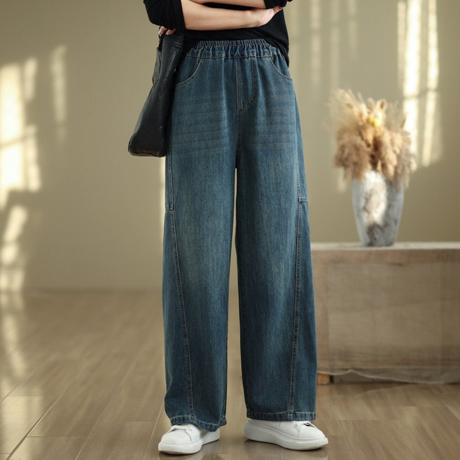 플랜앤유 여성 빅사이즈 편안한 허리밴딩 와이드핏 슬림 라인 데님