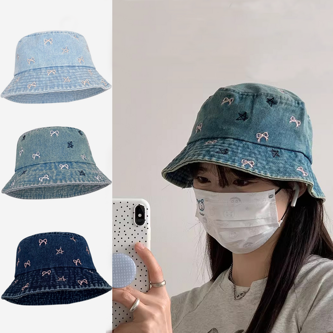 gradle 여성 여름모자 여자 버킷햇 자외선차단 모자 별 리본 자수 포인트 자외선차단 모자 예쁜 청모자