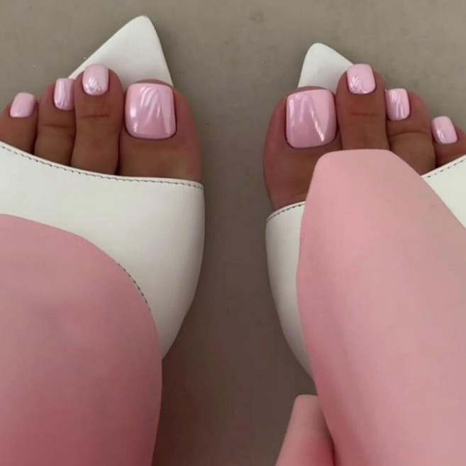 Gold French Tips Press on Toenails Short Square Fake Toe Nails with Solid Color Designs Glossy Ski, Style31