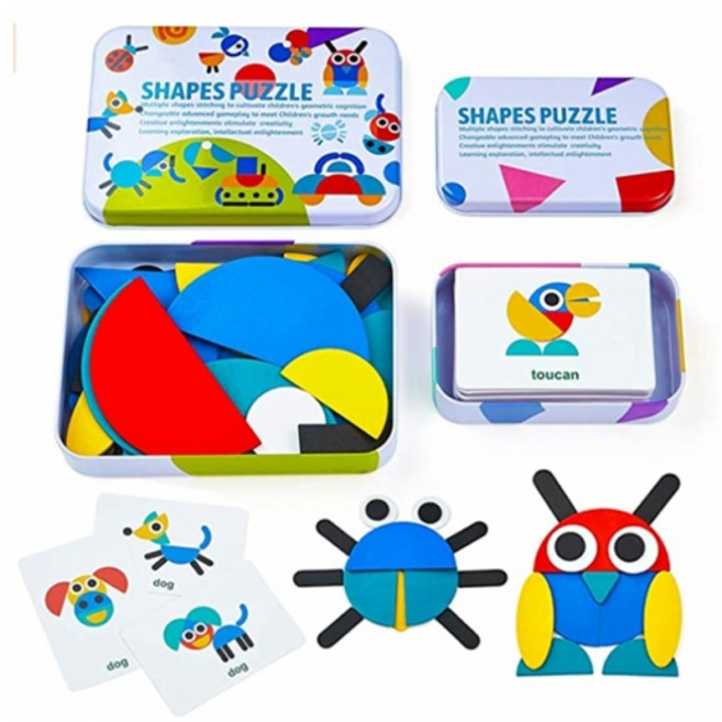 2p 틴케이스 STEM 몬테소리 원목 패턴 퍼즐 칠교놀이, 1개