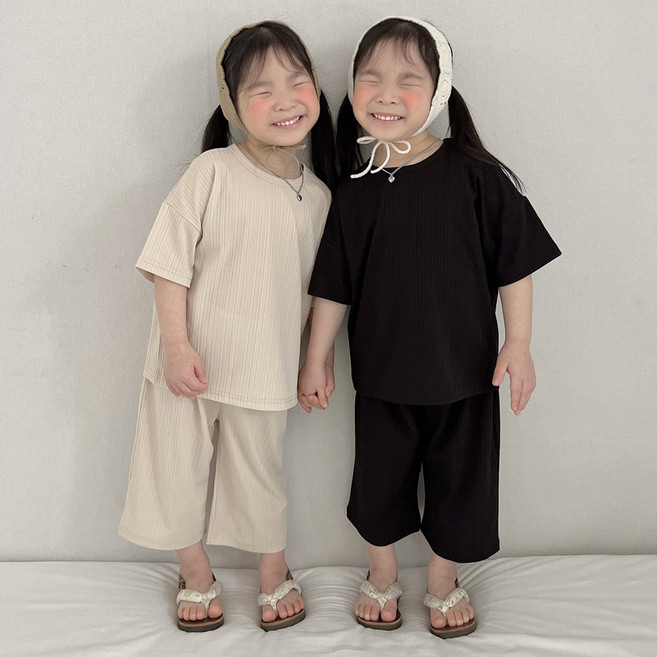 아이스토리키즈 여름봄무지7부 아기바지 플리츠상하세트 유아아동복 상하복