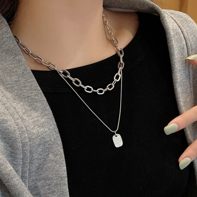 ZNT016ft 레터링 사각 펜던트 슬림 볼드 체인 두줄 목걸이 써지컬스틸 골드 실버