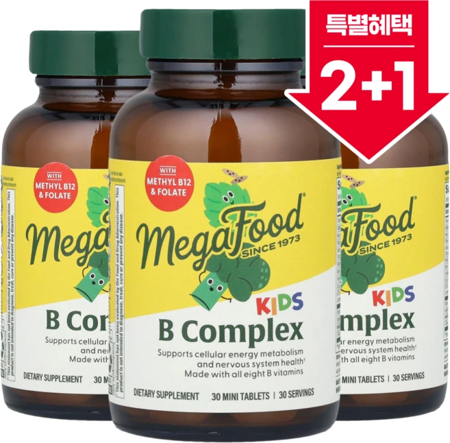 2+1 메가푸드 키즈 B 복합체 미니 정제 30정 엽산 판토텐산 이노시톨 비오틴 아연 함유 / 해외직구 미국정품, 3개 - 쿠팡