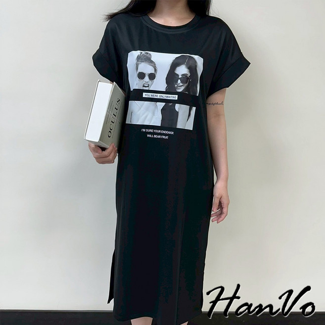 HanVo 飛鼠袖寬鬆顯瘦質感設計側開岔休閒連衣裙 韓系女裝