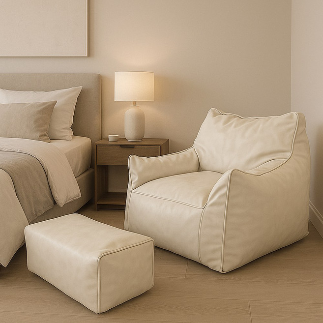 엘루소 빈백 푹신한 소파 1인용 빈티지 대형 풋스툴 세트, 베이지 + 풋스툴