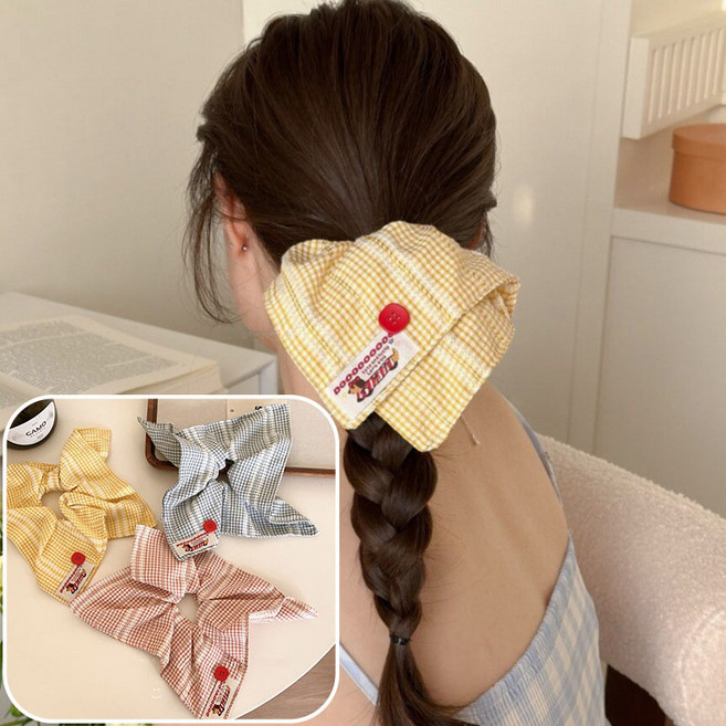 ZMBIRD 3종세트 예쁜 체크 단추 여성 헤어 곱창끈 N2384