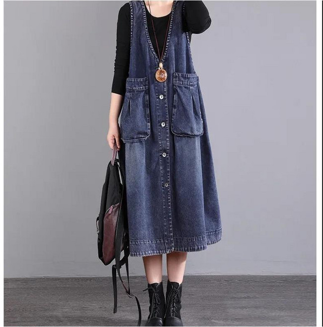 셀럽당 여성 빅사이즈 데님조끼 원피스 빅포켓 조끼 멜빵원피스 YR0897-KR