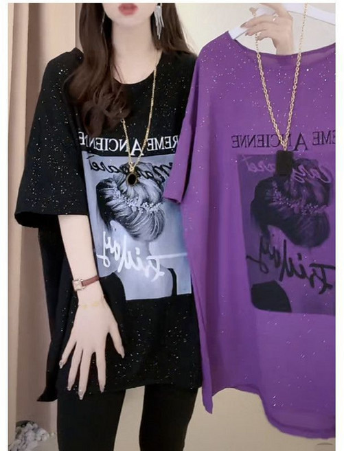 【遮肉顯瘦】大碼T恤 胖mm上衣 印花T恤 短袖T恤 中長款T恤 開叉設計 洋氣百搭 夏季新款 微胖女生必備