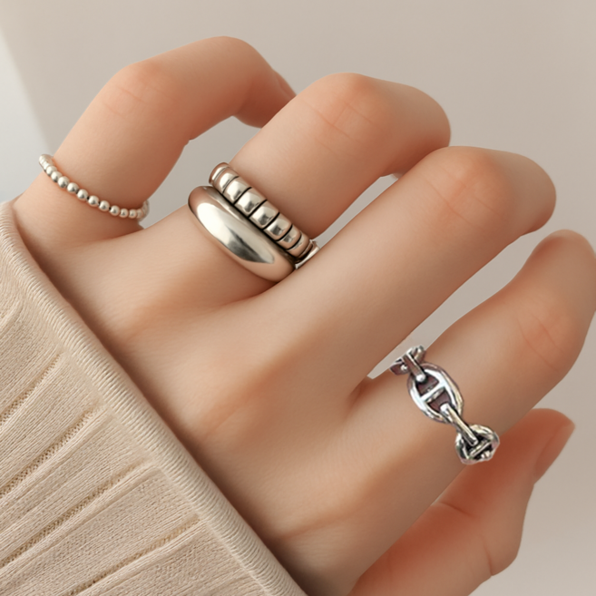 아르네즈 [2+1] 실버925 레트로 더블라인 매듭 반지 세트