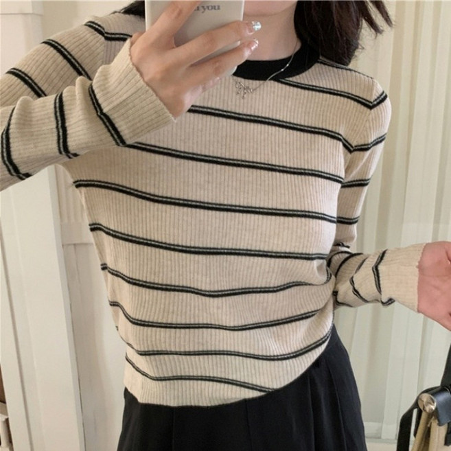 아이엠몽 여성 스트라이프 배색 골지 긴팔 티셔츠