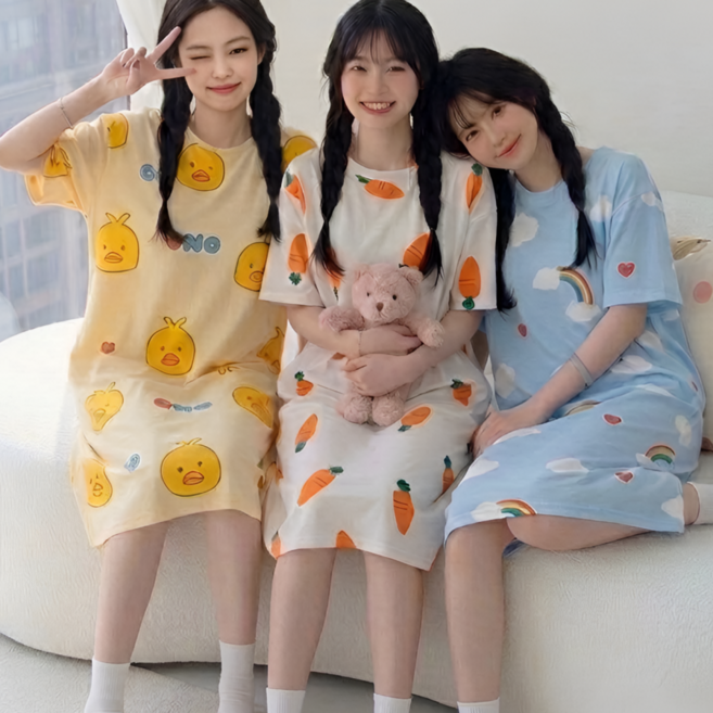 쁘띠엘라 여성 잠옷 원피스 파자마 반팔 홈웨어 1+1+1