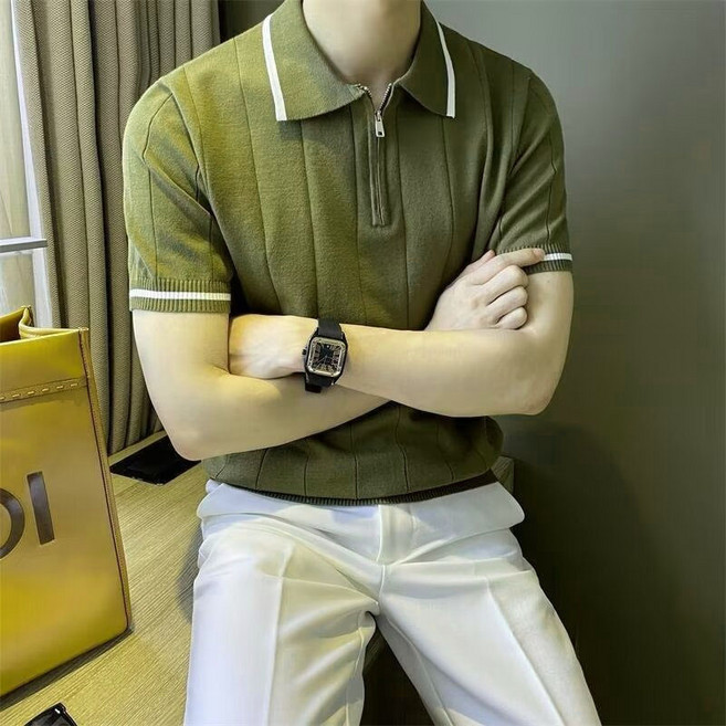 AURALA 남자 여름 빅사이즈 폴로 반팔 니트 오버핏 베이직 반팔 니트티