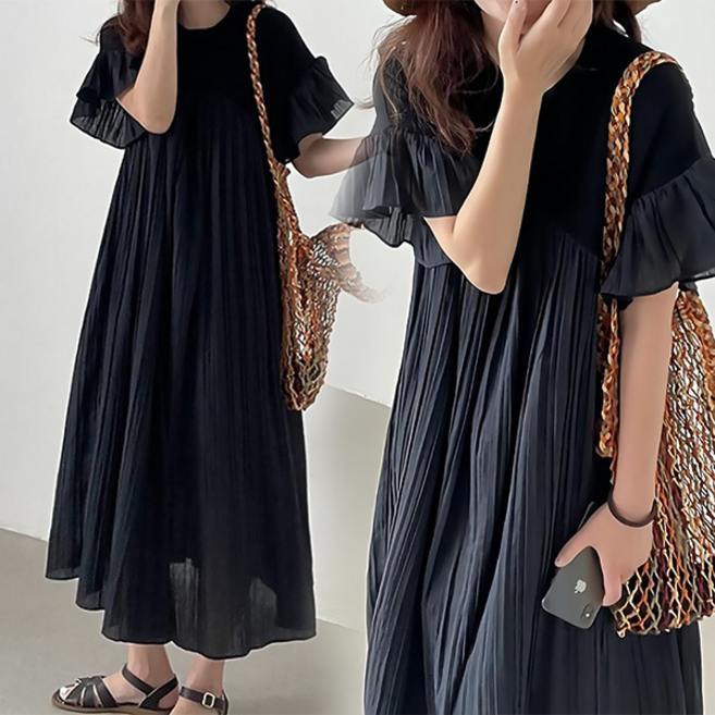 NewCare 여성 여름 플리츠 프릴 롱 원피스