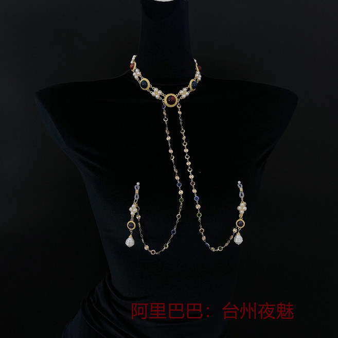 歐美風格誇張項圈 乳夾 複古珍珠紅玻璃寶石 身體鏈 刺激 奶頭咪咪夾, 1個, 項圈+乳環