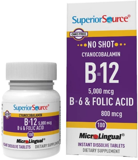 슈페리어 소스 노 샷 비타민 B-12 시아노코발라민 5000 mcg B-6 엽산 800mcg 100 설하 용해 정제, 1개, 100정 - 쿠팡
