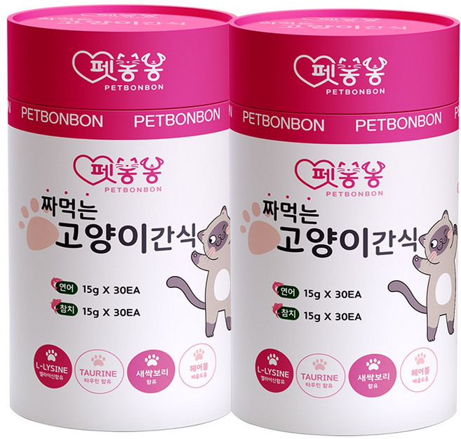 펫봉봉 NEW 짜먹는 고양이 간식 습식 고양이 스틱 대용량 60P, 2개, 900g, 참치(30)+연어(30)