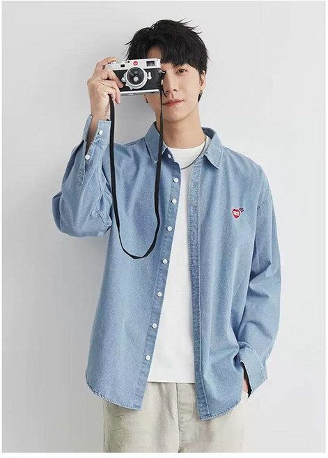 남성 봄가을 빈티지 긴팔 자수 오버핏 데님 셔츠