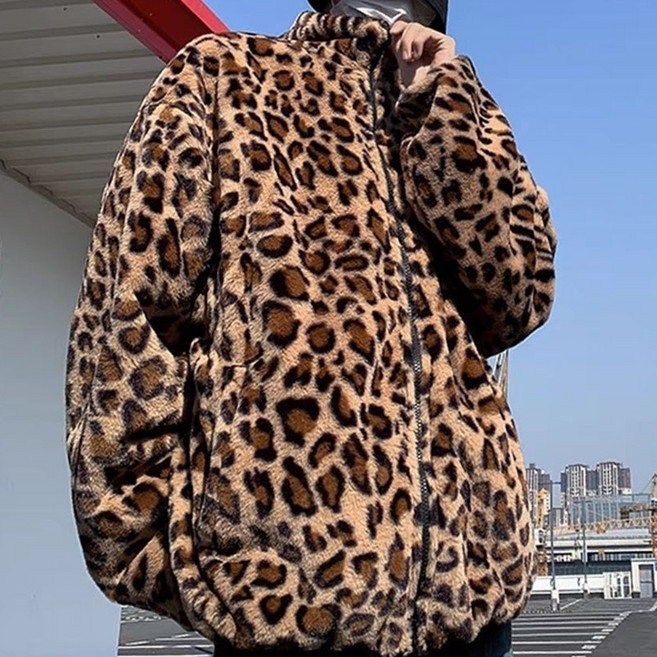 ROYALBELLE 남녀 공용 레오파드 루즈핏 스탠드넥 따뜻한 긴팔 패딩 자켓 V0111629