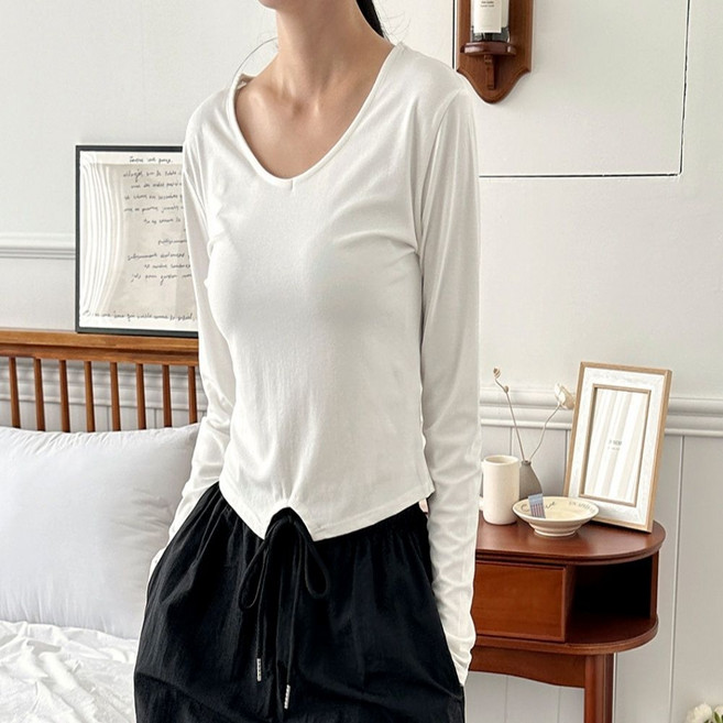 U넥 티셔츠 여성 세미크롭 소프트 피치스킨 촉감 긴팔 poo*7939ct