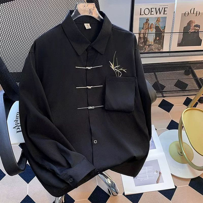 인어미남 남성 봄가을 디자인 캐주얼 셔츠 메탈 유니크 단추 포켓 자수 차이나 긴팔 셔츠 루즈핏 트렌디 코트 상의