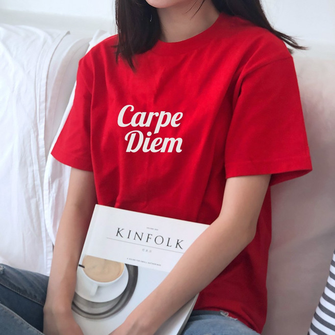 험블스튜디오 카르페디엠 루즈핏 면 여성 반팔티 레드 반팔 티셔츠