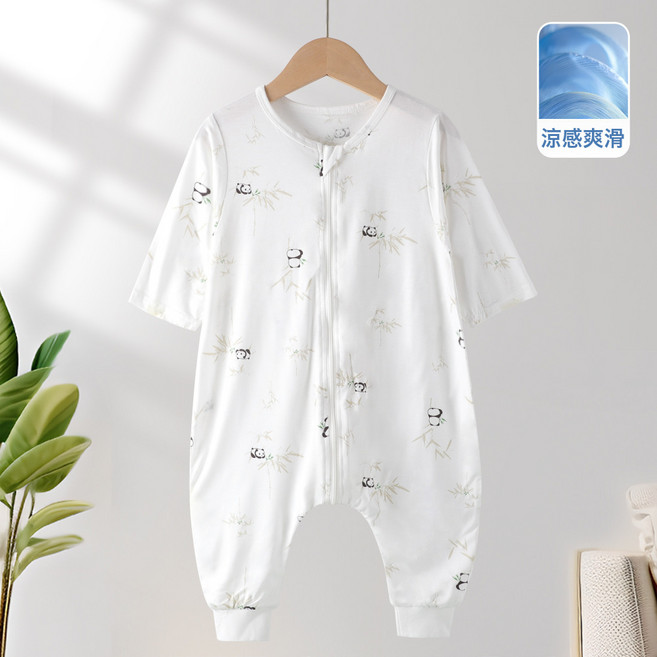 嬰兒睡袋夏季a類睡衣寶寶防踢被嬰兒衣服兒童分腿睡袋家居服嬰幼, 1個, 長袖小熊貓優可絲睡袋:80cm