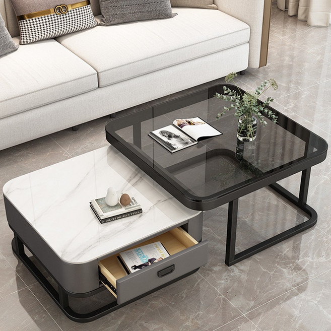 BYOU 이탈리아풍 스타일 거실테이블 수납 소파테이블 접이식 티테이블 세트, 그레이 + 블랙 프레임